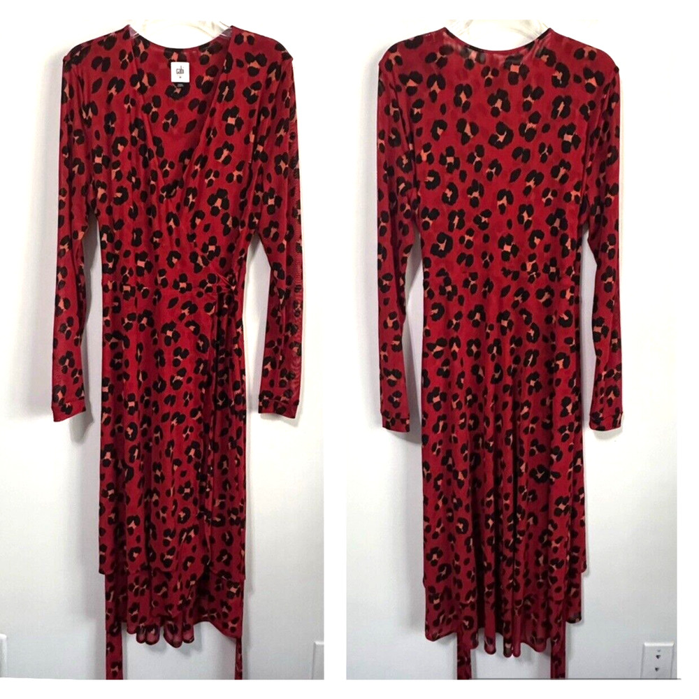 CAbi Red Siren Mesh Long Sleeve Leopard Wrap Dress M Cardigan Duster Trendy 5771